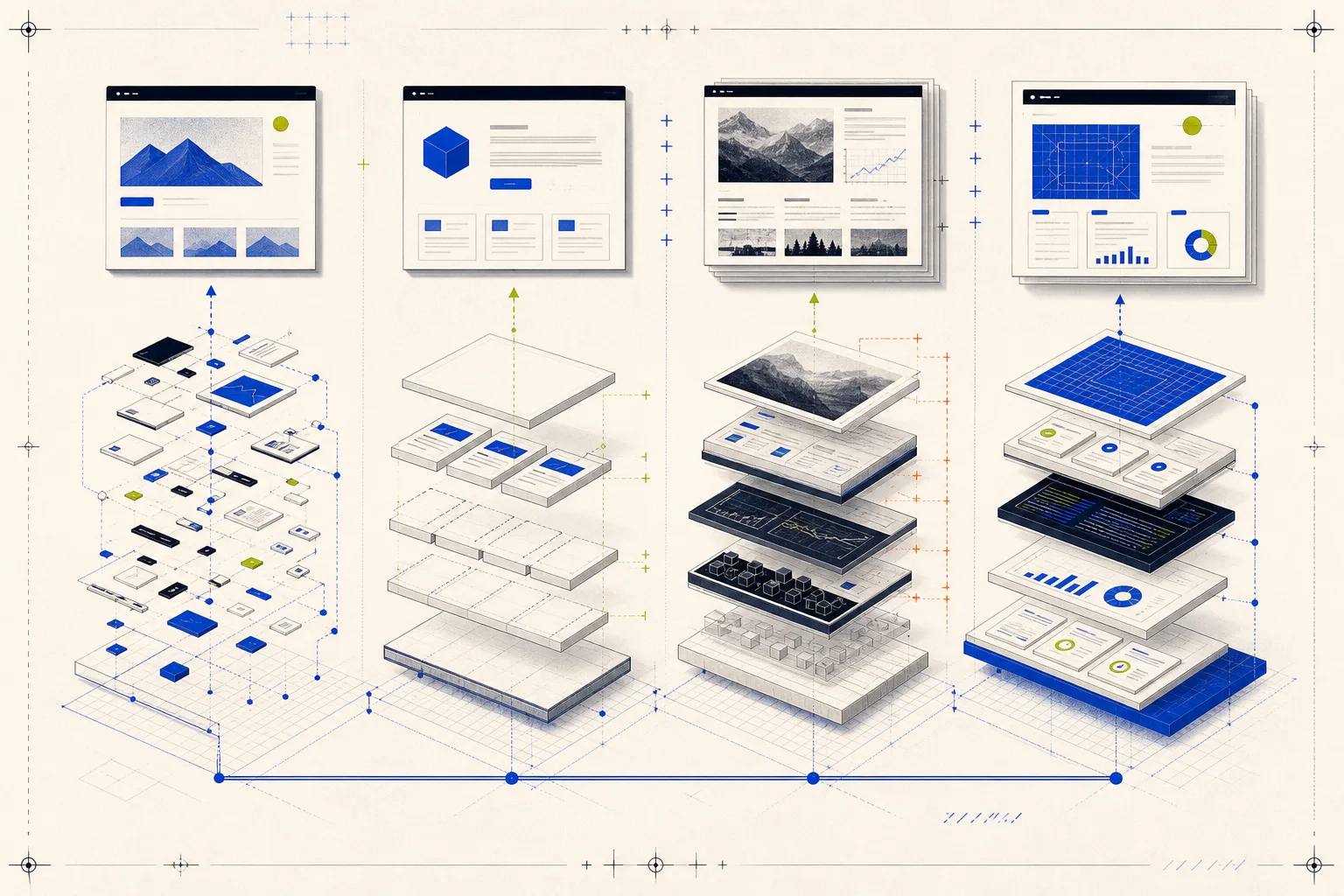 Alternative website architectures assembled from different layers, dependencies, and operating components.