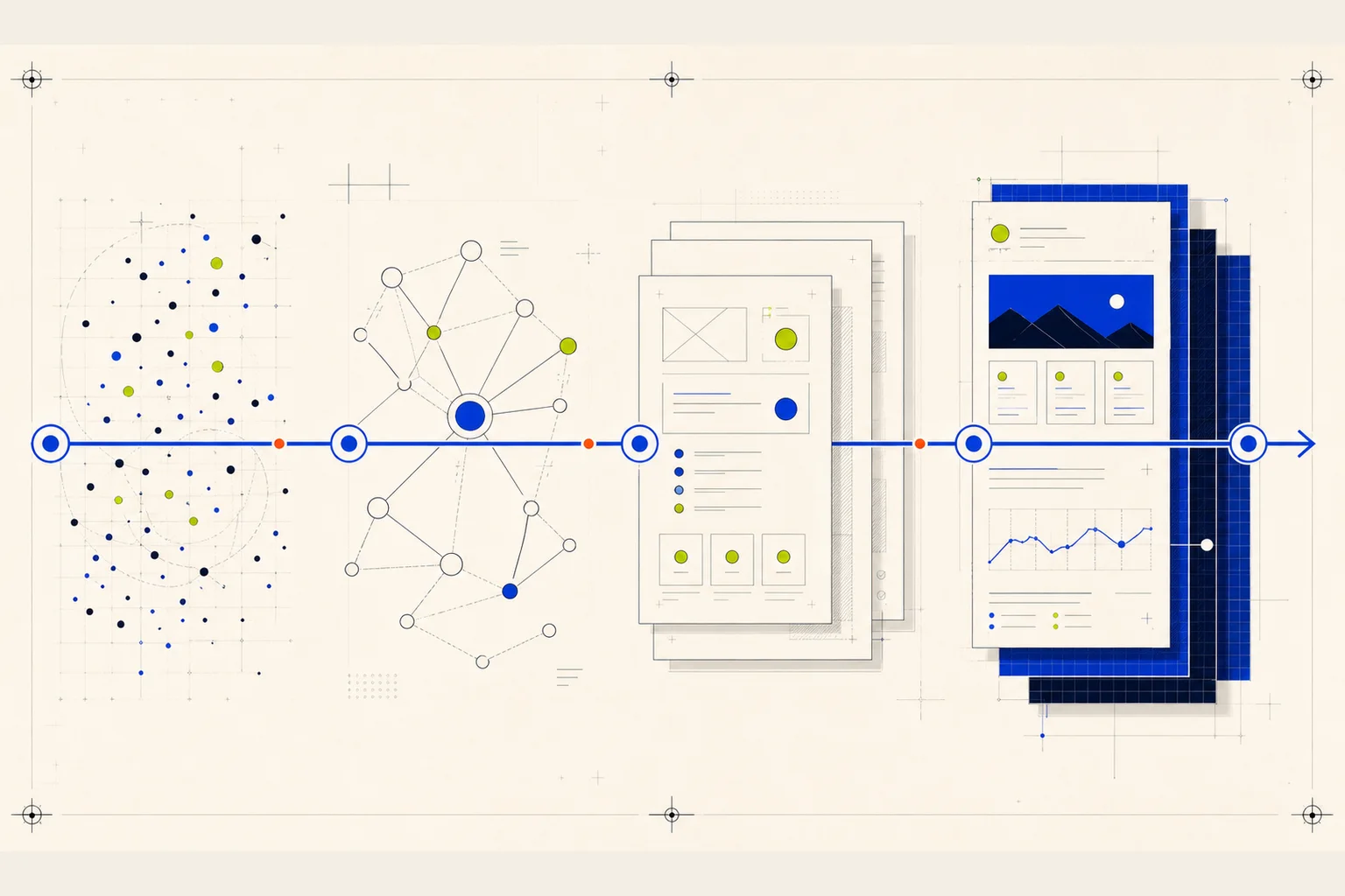 A four-stage system turning market evidence into architecture, editorial pages, and a deployed publication.